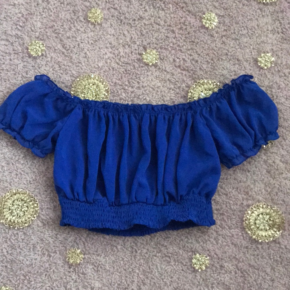 blue crop off the shoulder top